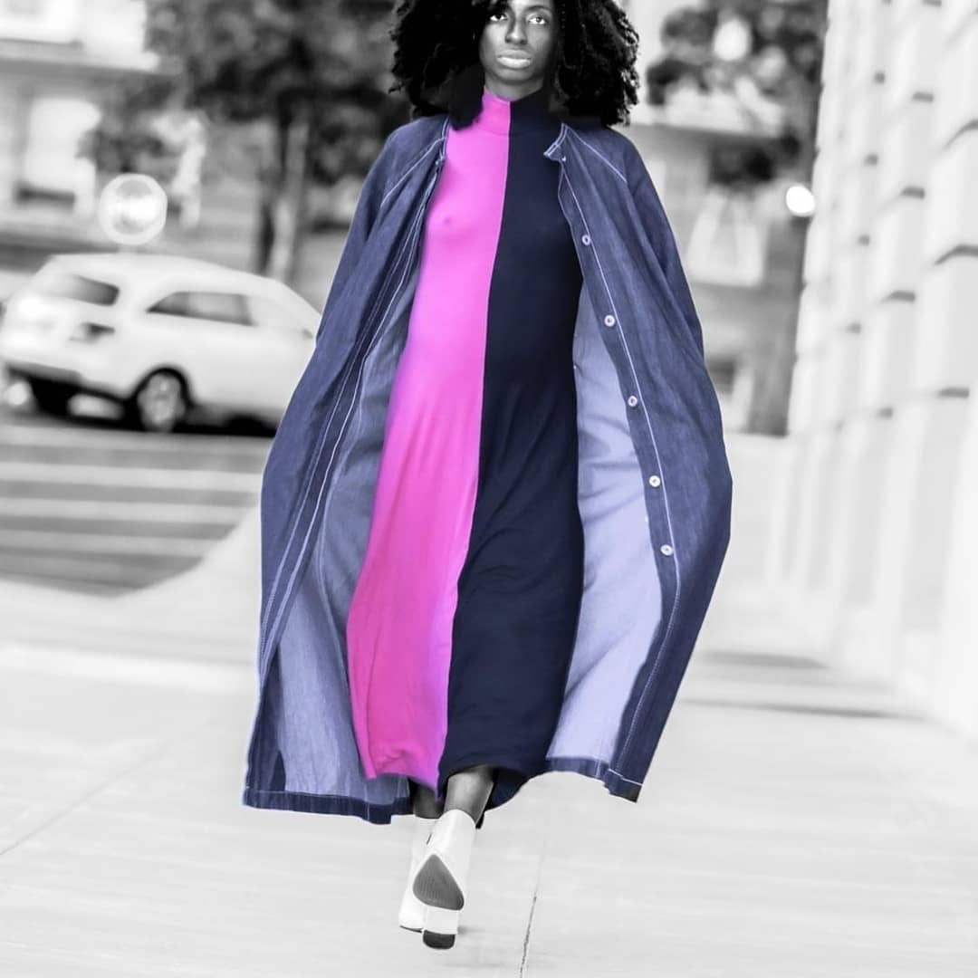Street fashion with purple cape styling